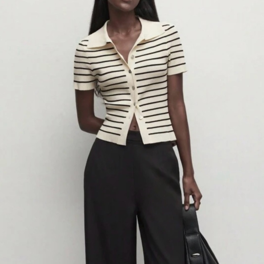 Striped Collared Button Short Sleeve Knot Sweater